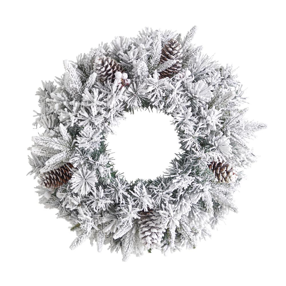 20in. Flocked Artificial Christmas Wreath with 35 Warm White LED Lights. Picture 2
