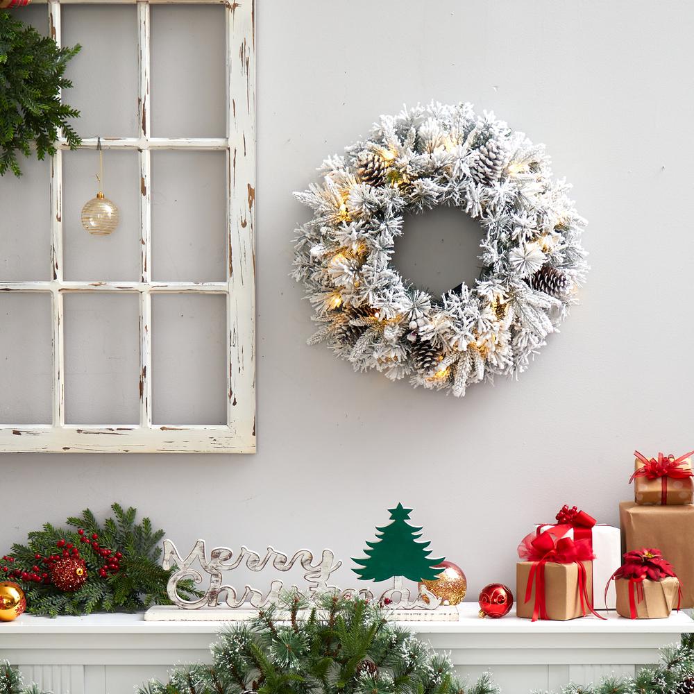 20in. Flocked Artificial Christmas Wreath with 35 Warm White LED Lights. Picture 3