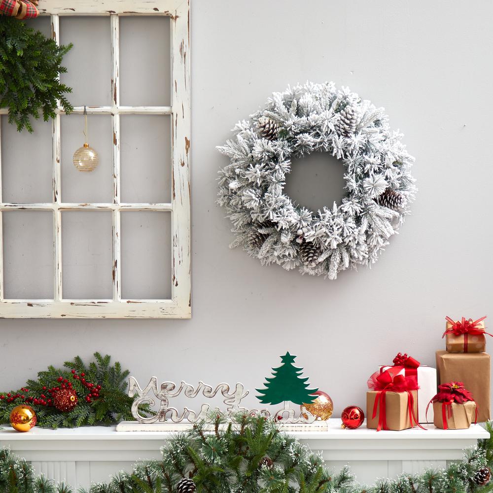 20in. Flocked Artificial Christmas Wreath with 35 Warm White LED Lights. Picture 5