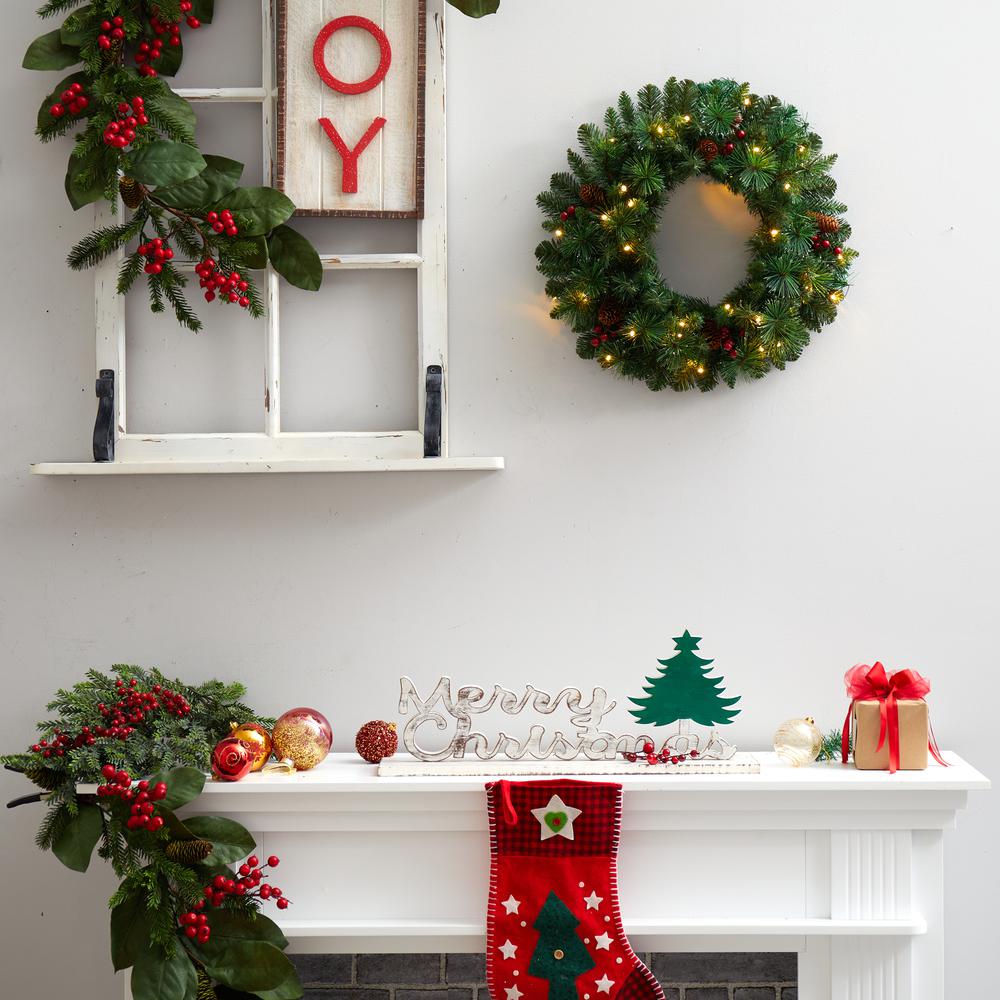 20in. Frosted Pine Artificial Christmas Wreath with Pinecones, Berries and 35 Warm White LED Lights. Picture 4