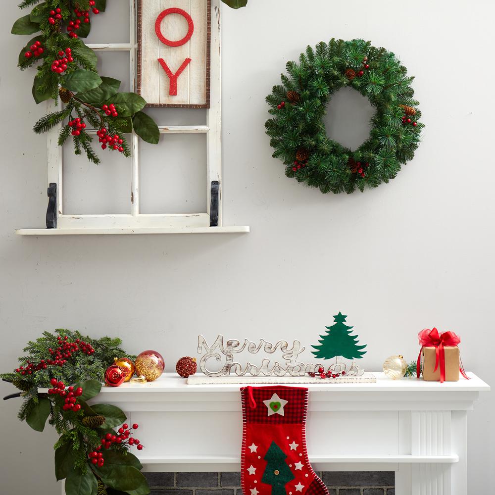 20in. Frosted Pine Artificial Christmas Wreath with Pinecones, Berries and 35 Warm White LED Lights. Picture 3