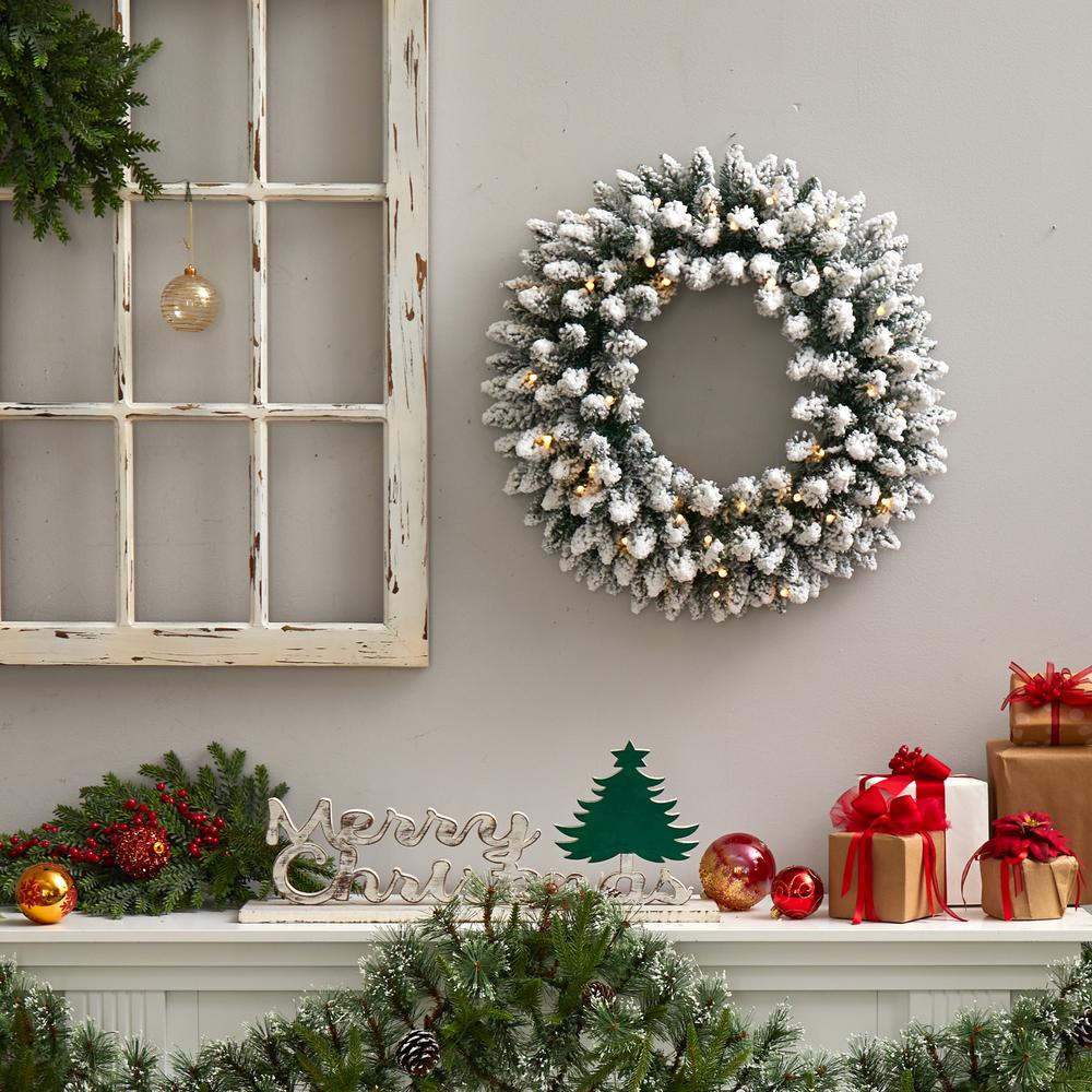 24in. Flocked Artificial Christmas Wreath with 160 Bendable Branches and 35 Warm White LED Lights. Picture 6