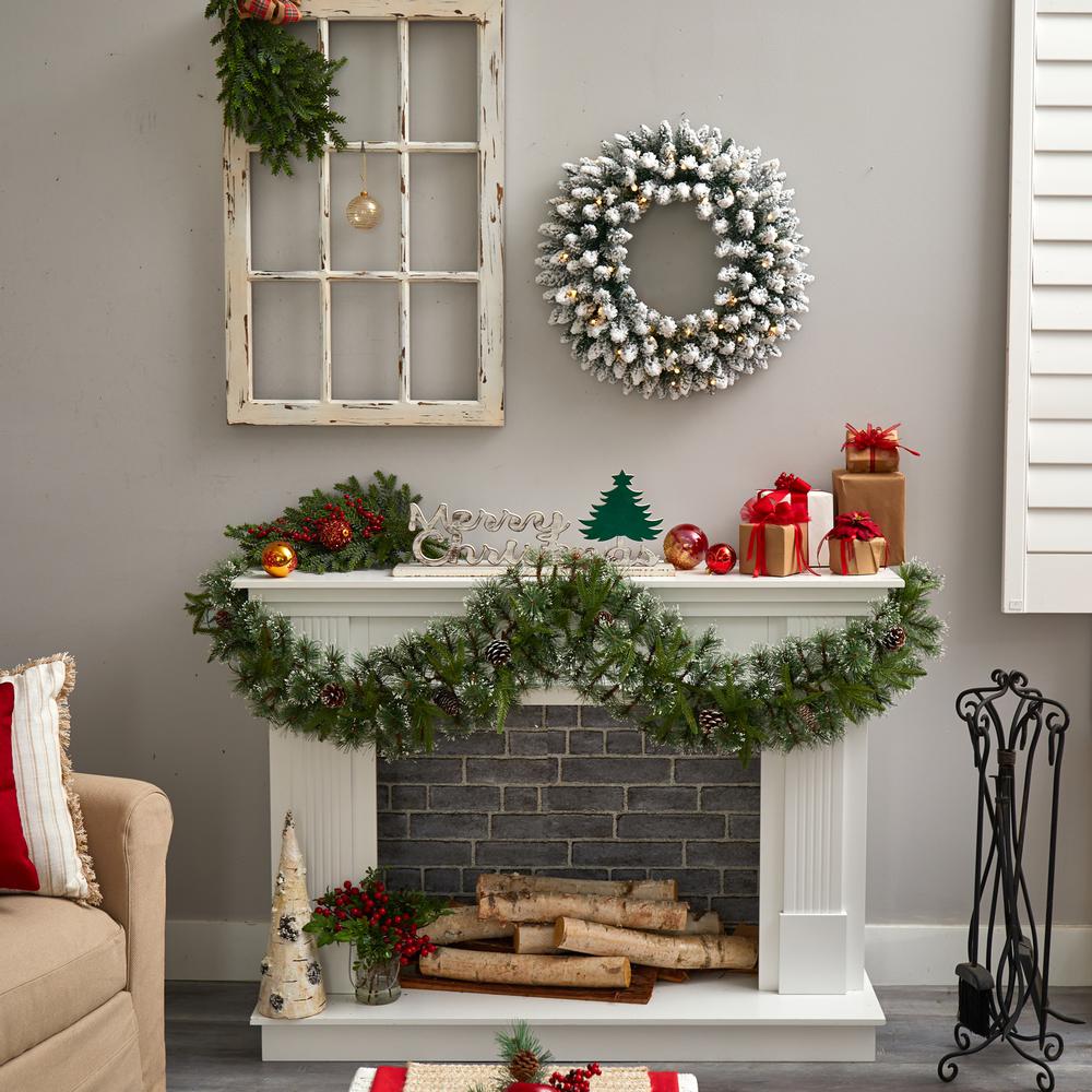 24in. Flocked Artificial Christmas Wreath with 160 Bendable Branches and 35 Warm White LED Lights. Picture 4