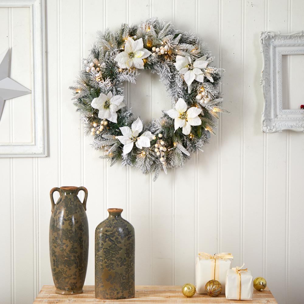 24in. Flocked Poinsettia and Pine Artificial Christmas Wreath with 50 Warm White LED Lights. Picture 7