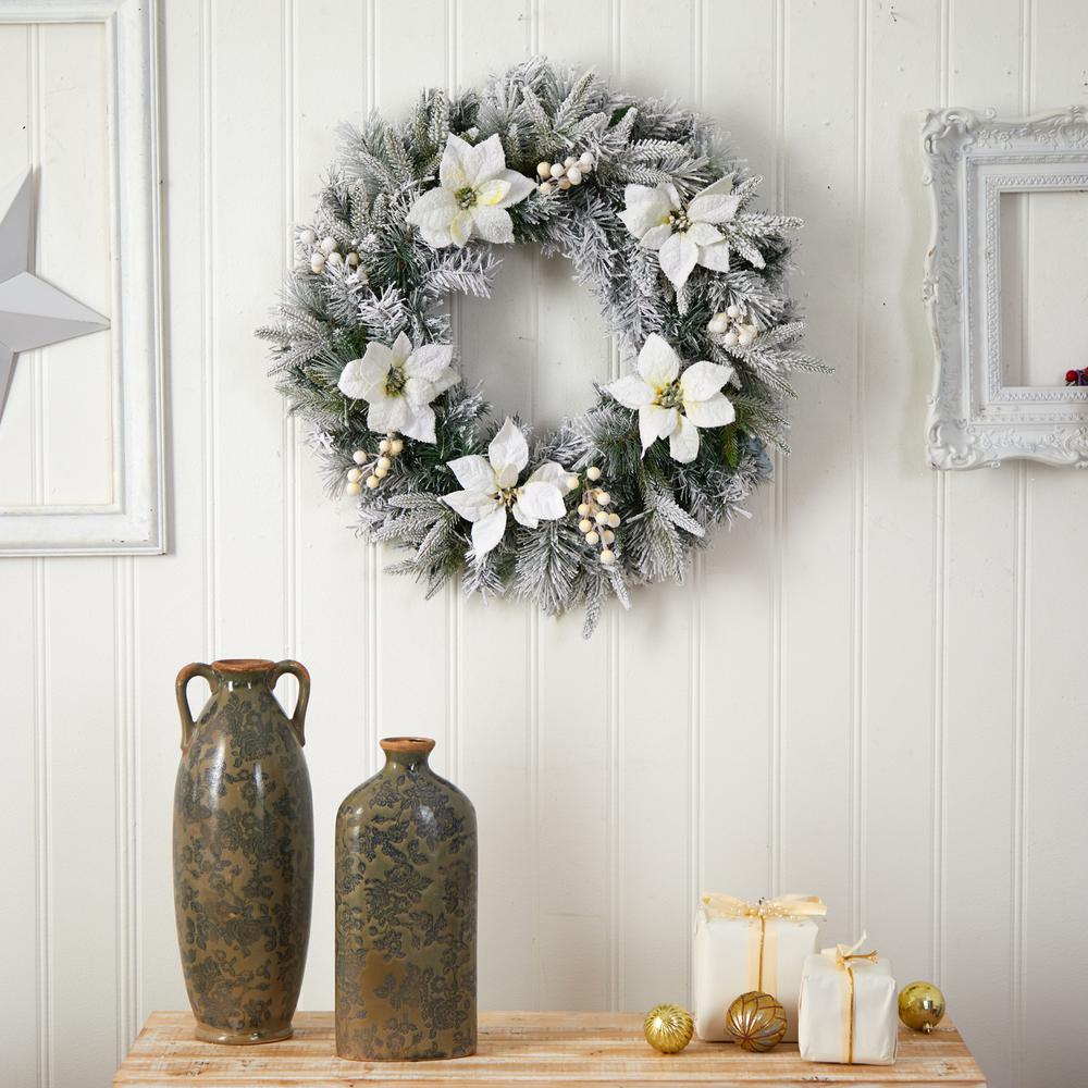 24in. Flocked Poinsettia and Pine Artificial Christmas Wreath with 50 Warm White LED Lights. Picture 4