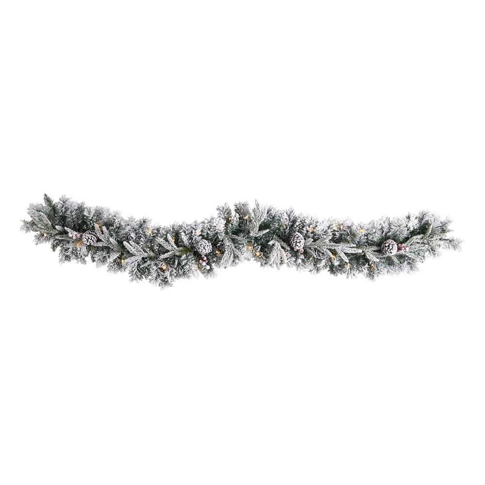 6ft. Flocked Artificial Christmas Garland with Pine Cones and 35 Warm White LED Lights. Picture 2