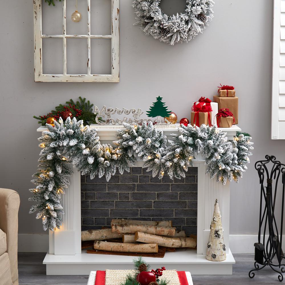 9ft. Flocked Artificial Christmas Garland with 50 Warm White LED Lights. Picture 4