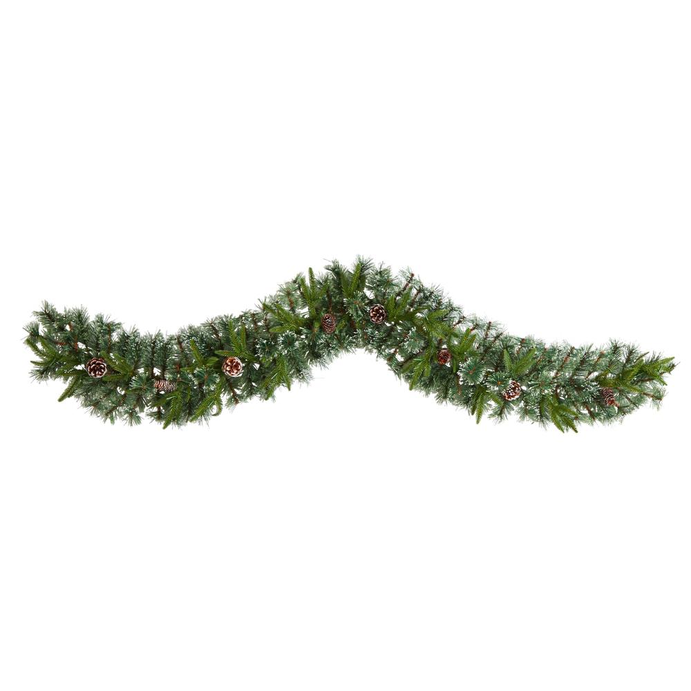 6ft. Snow Tipped Christmas Artificial Garland with 35 Clear LED Lights and Pine Cones. Picture 2
