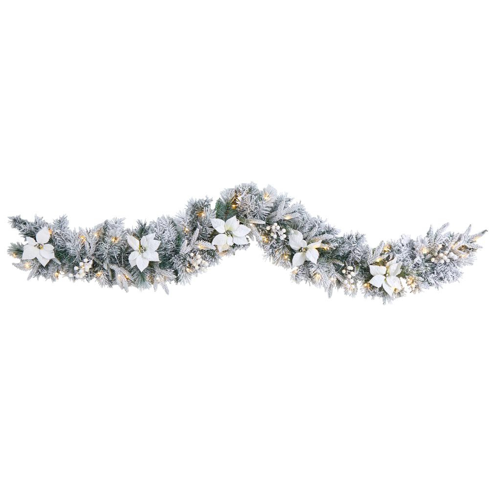 6ft. Flocked Poinsettia and Berry Artificial Christmas Garland with 50 Warm White LED Lights. Picture 7