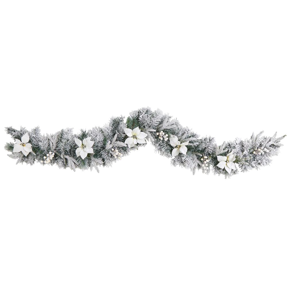 6ft. Flocked Poinsettia and Berry Artificial Christmas Garland with 50 Warm White LED Lights. Picture 2