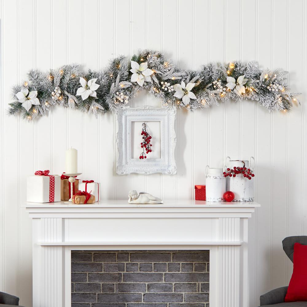 6ft. Flocked Poinsettia and Berry Artificial Christmas Garland with 50 Warm White LED Lights. Picture 6