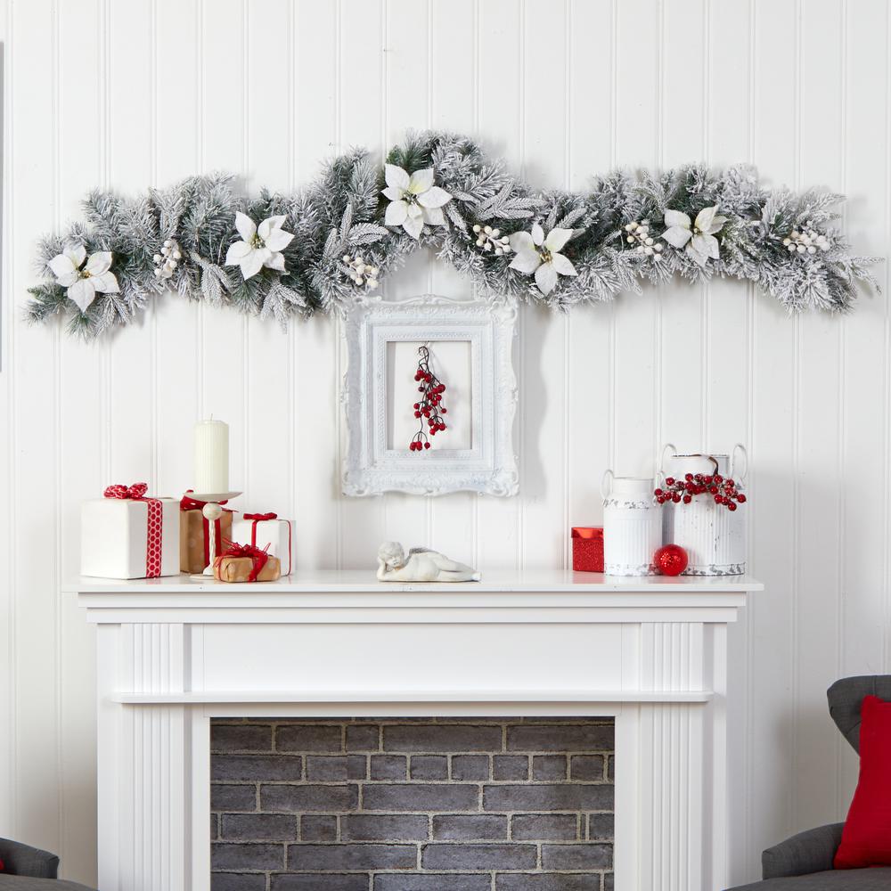 6ft. Flocked Poinsettia and Berry Artificial Christmas Garland with 50 Warm White LED Lights. Picture 3