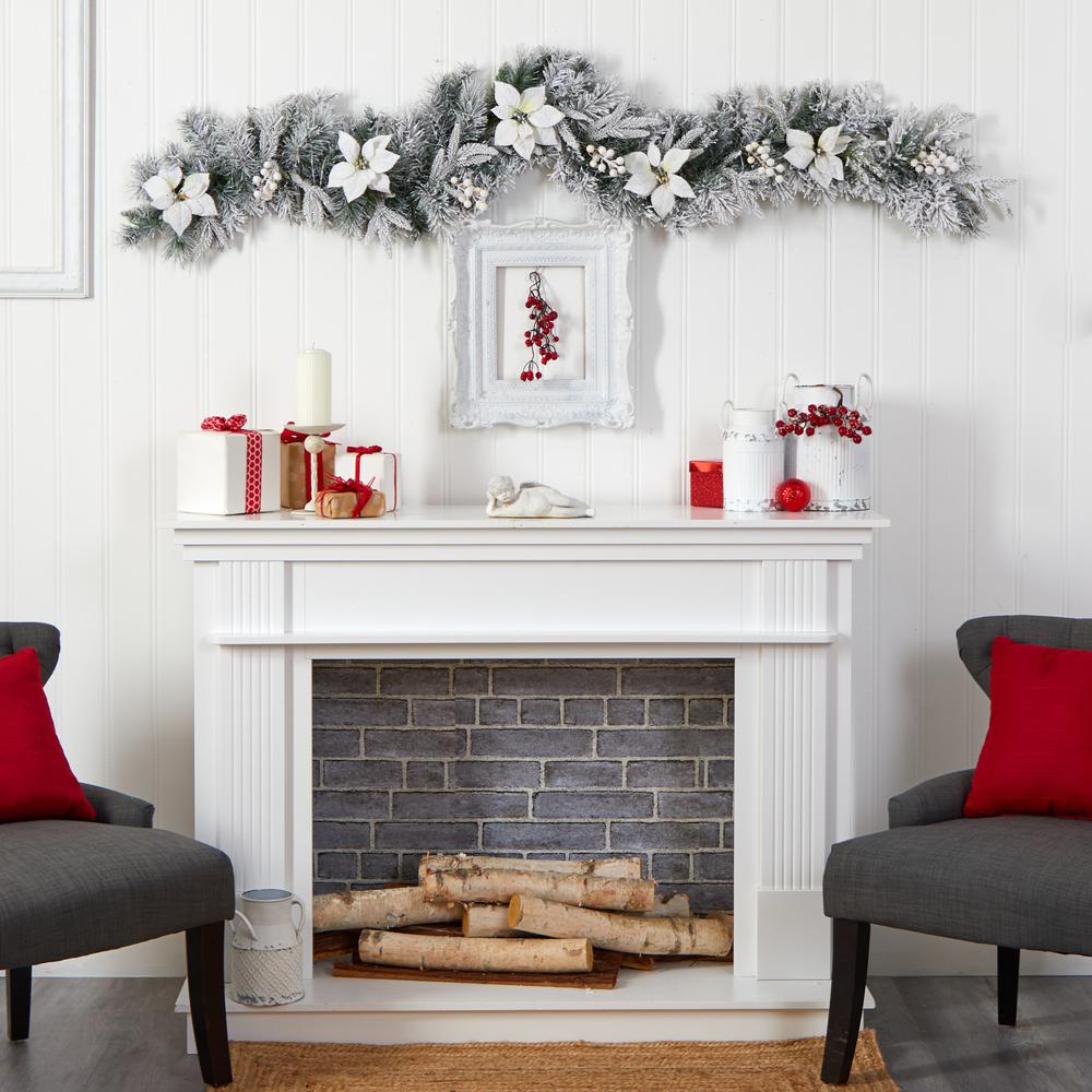 6ft. Flocked Poinsettia and Berry Artificial Christmas Garland with 50 Warm White LED Lights. Picture 5
