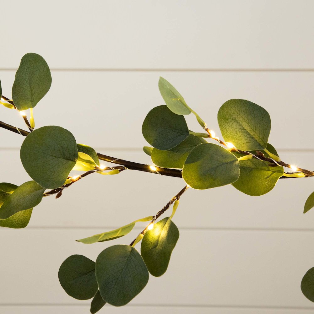 6.5ft. Lighted Artificial Eucalyptus Garland with 100 Warm White LED Lights. Picture 5