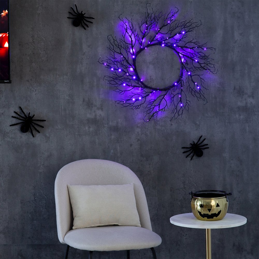 23in. Pre-Lit Halloween Black Fall Wreath with 60 Orange and Purple LED Lights. Picture 11