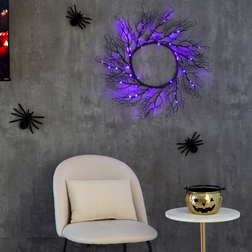 23in. Pre-Lit Halloween Black Fall Wreath with 60 Orange and Purple LED Lights. Picture 8