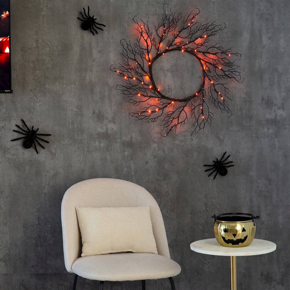 23in. Pre-Lit Halloween Black Fall Wreath with 60 Orange and Purple LED Lights. Picture 9