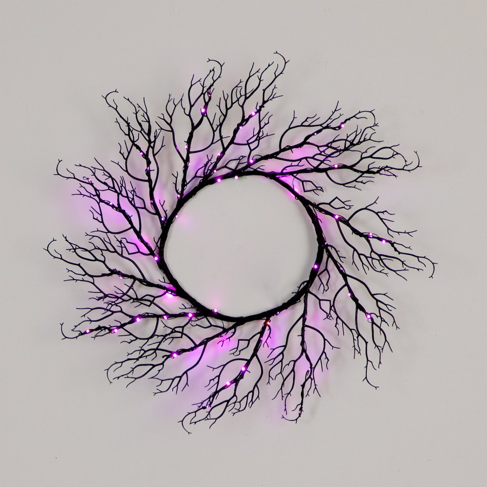 23in. Pre-Lit Halloween Black Fall Wreath with 60 Orange and Purple LED Lights. Picture 3