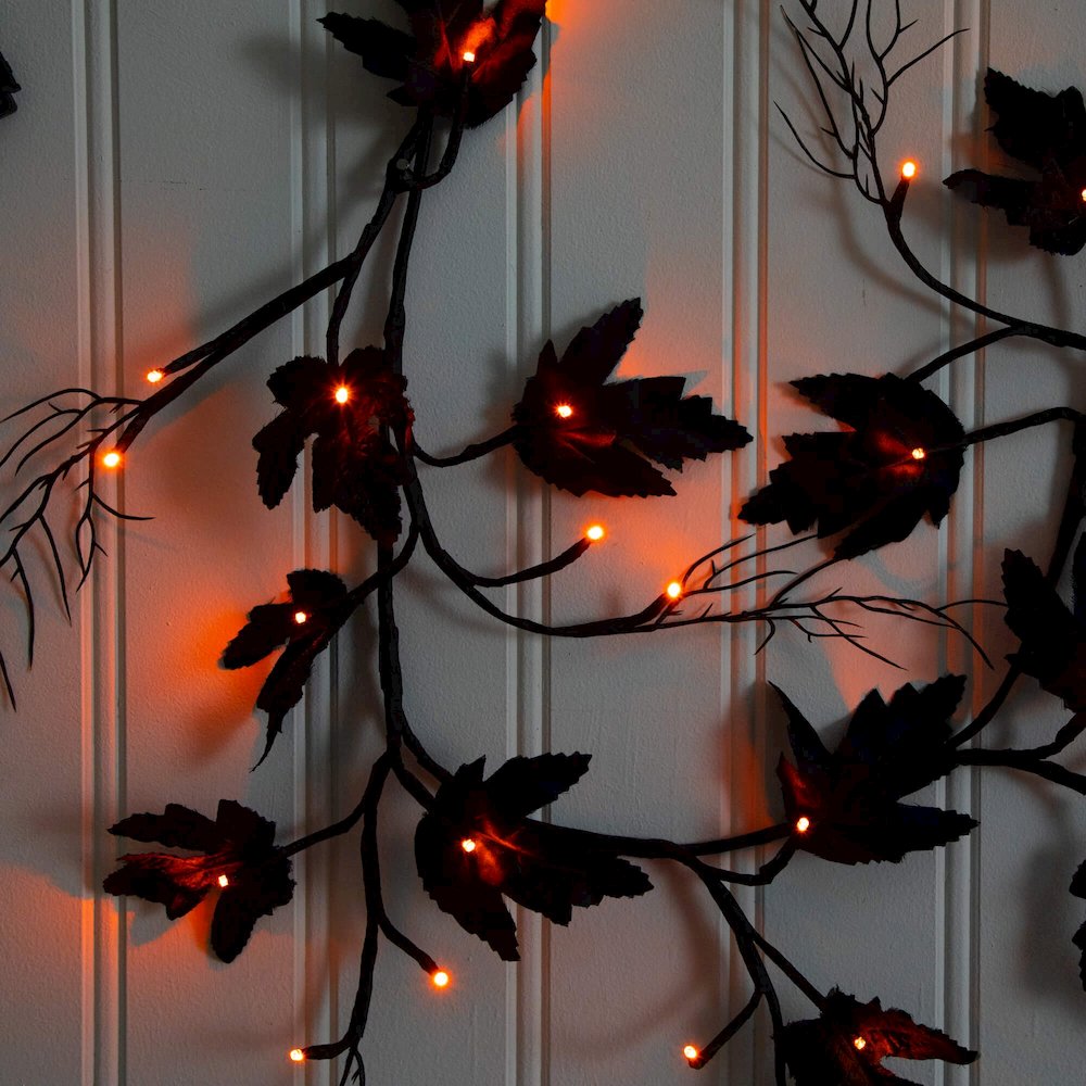 6.5ft. Pre-Lit Artificial Halloween Black Maple Garland with 48 LED Lights. Picture 9