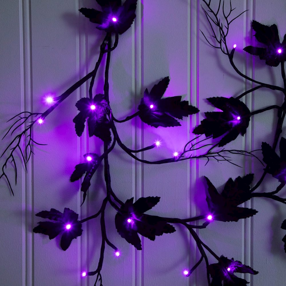 6.5ft. Pre-Lit Artificial Halloween Black Maple Garland with 48 LED Lights. Picture 10
