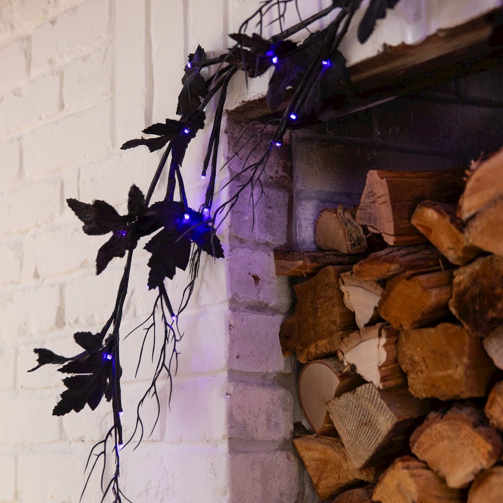 6.5ft. Pre-Lit Artificial Halloween Black Maple Garland with 48 LED Lights. Picture 7