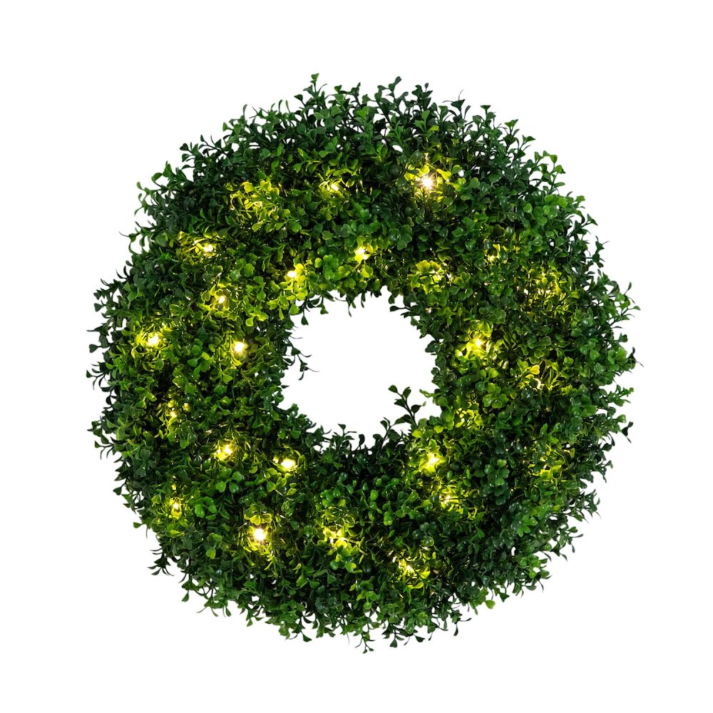 18in. Pre-Lit Artificial Boxwood Wreath with 25 Warm White LED Lights. Picture 5