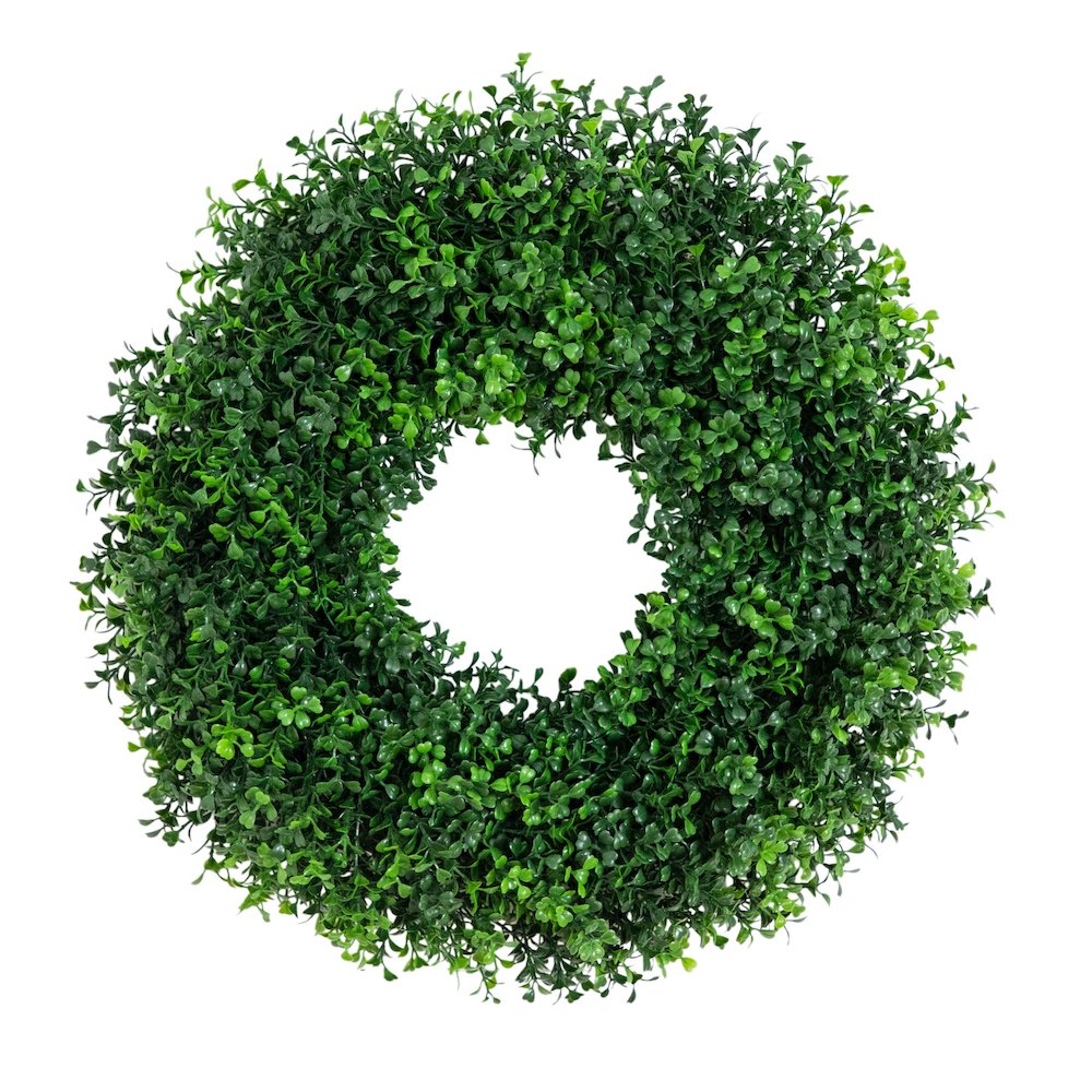 18in. Pre-Lit Artificial Boxwood Wreath with 25 Warm White LED Lights. Picture 6