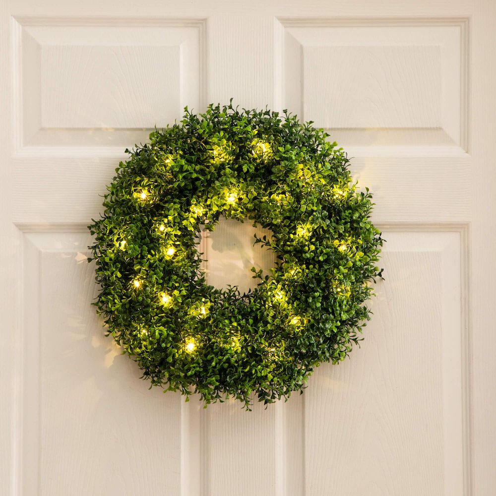 18in. Pre-Lit Artificial Boxwood Wreath with 25 Warm White LED Lights. Picture 2