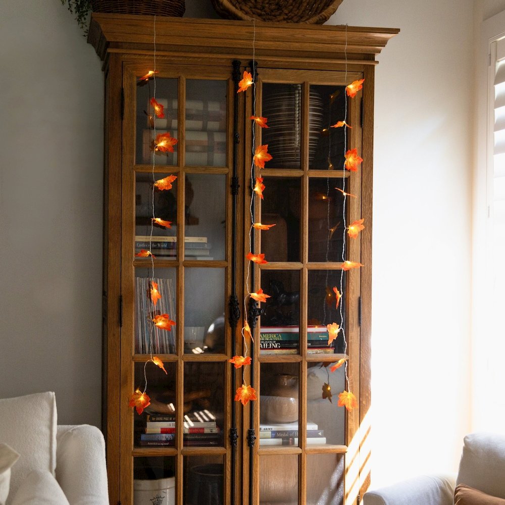 5ft Pre-Lit Autumn Maple Leaf Artificial Fall Garland with 10 LED Lights-Set of3. Picture 4