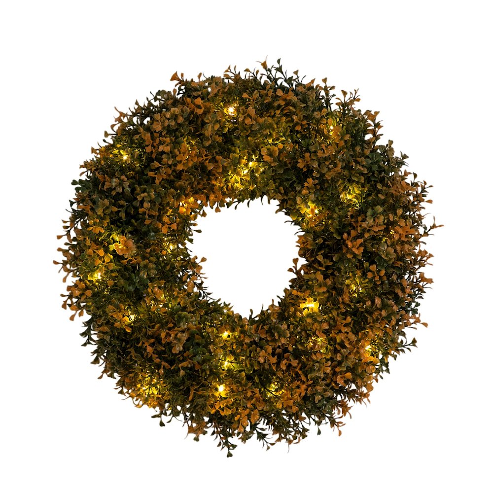 18in Pre-Lit Autumn Boxwood Artificial Fall Wreath with 25 Warm White LED Lights. Picture 1
