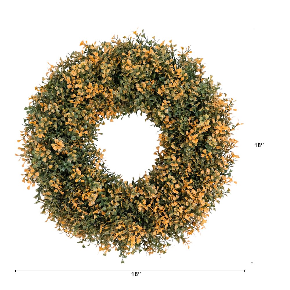 18in Pre-Lit Autumn Boxwood Artificial Fall Wreath with 25 Warm White LED Lights. Picture 10