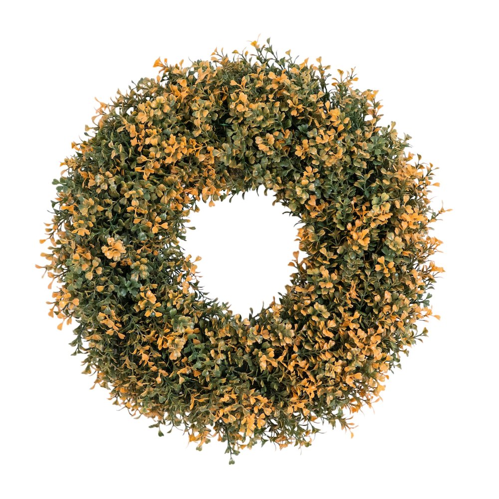 18in Pre-Lit Autumn Boxwood Artificial Fall Wreath with 25 Warm White LED Lights. Picture 11