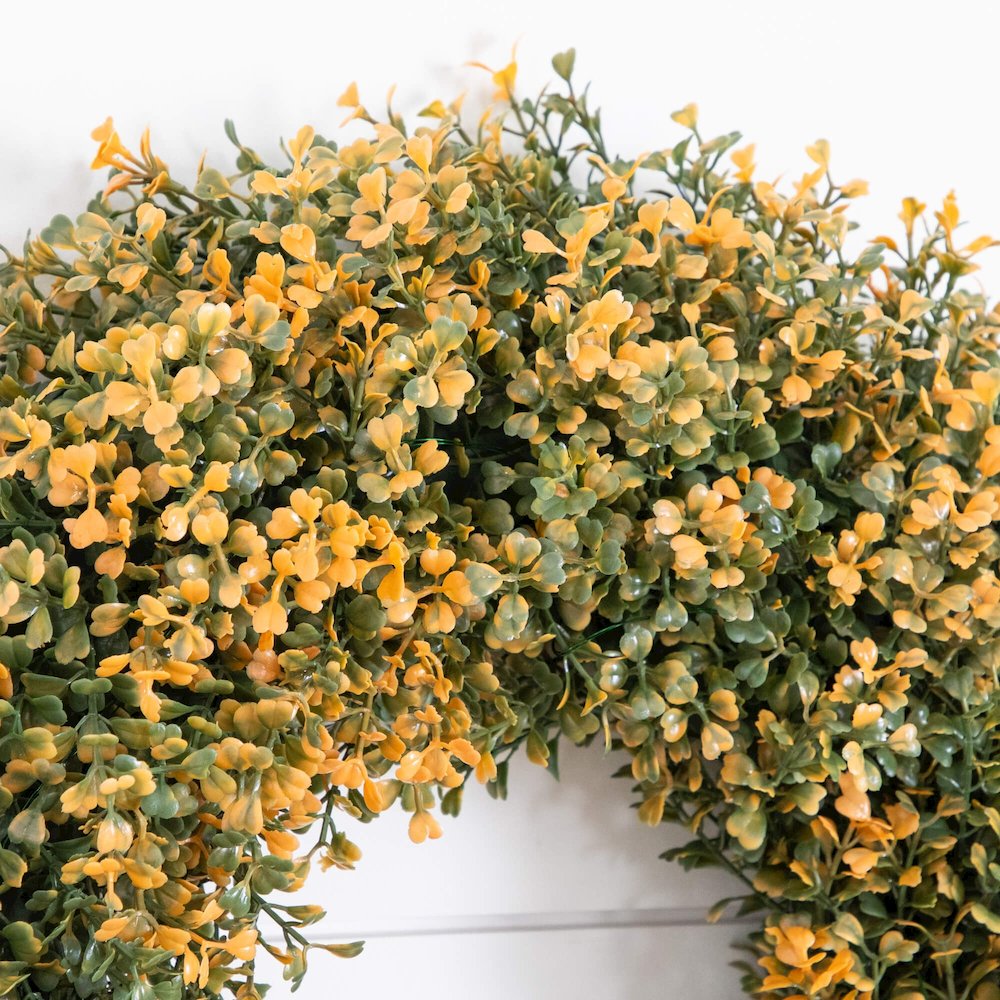 18in Pre-Lit Autumn Boxwood Artificial Fall Wreath with 25 Warm White LED Lights. Picture 7