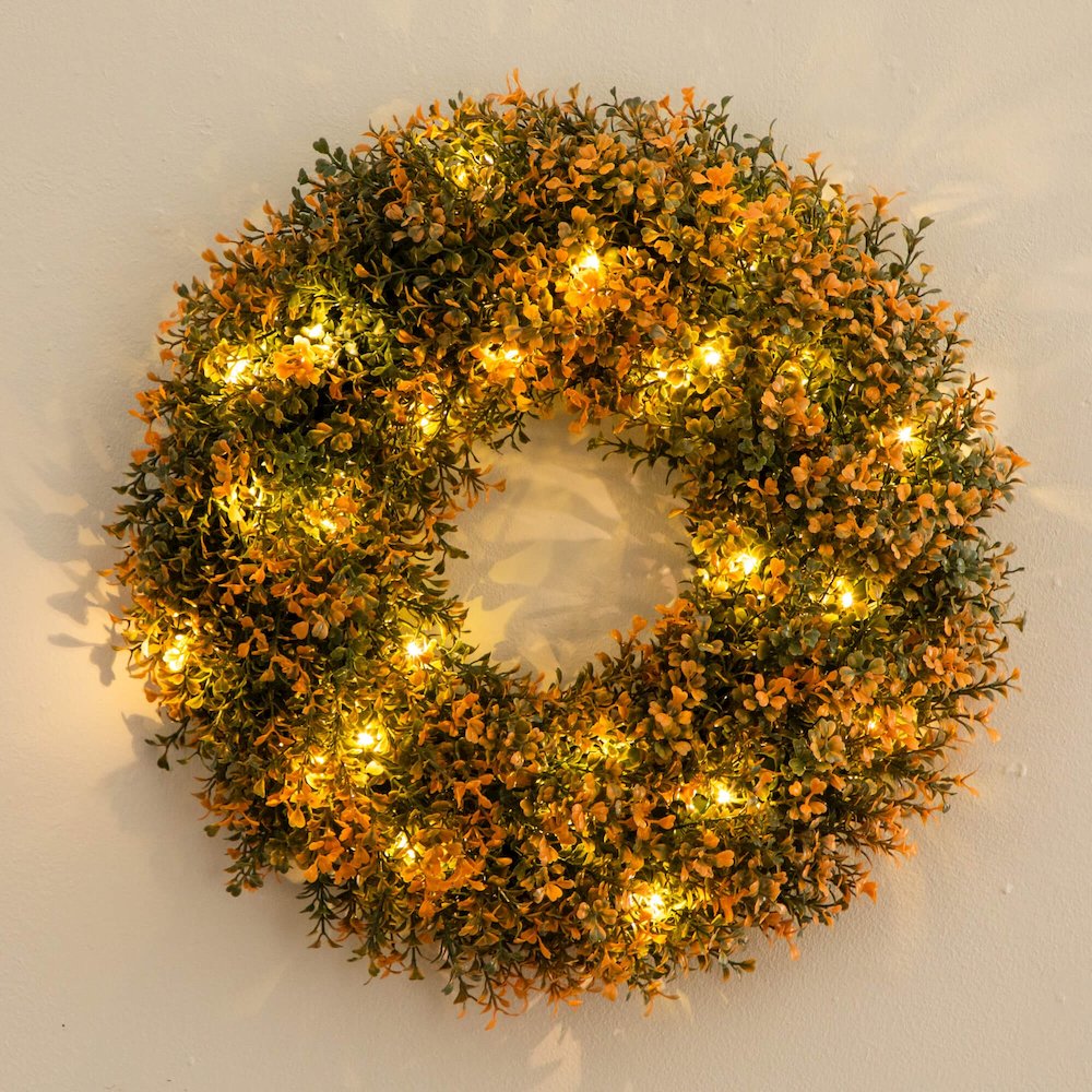 18in Pre-Lit Autumn Boxwood Artificial Fall Wreath with 25 Warm White LED Lights. Picture 8