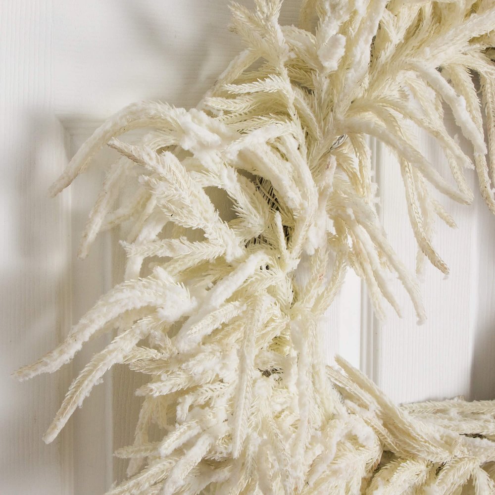24in. Artificial Real Touch White Norfolk Island Pine Wreath with Natural Look. Picture 3