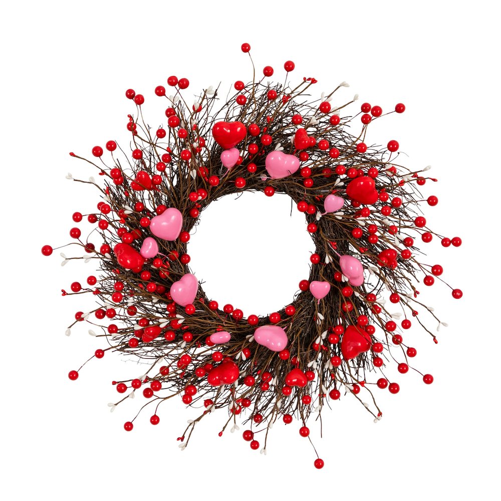 18in. Artificial Valentine's Day Heart & Berry Twig Wreath. Picture 1