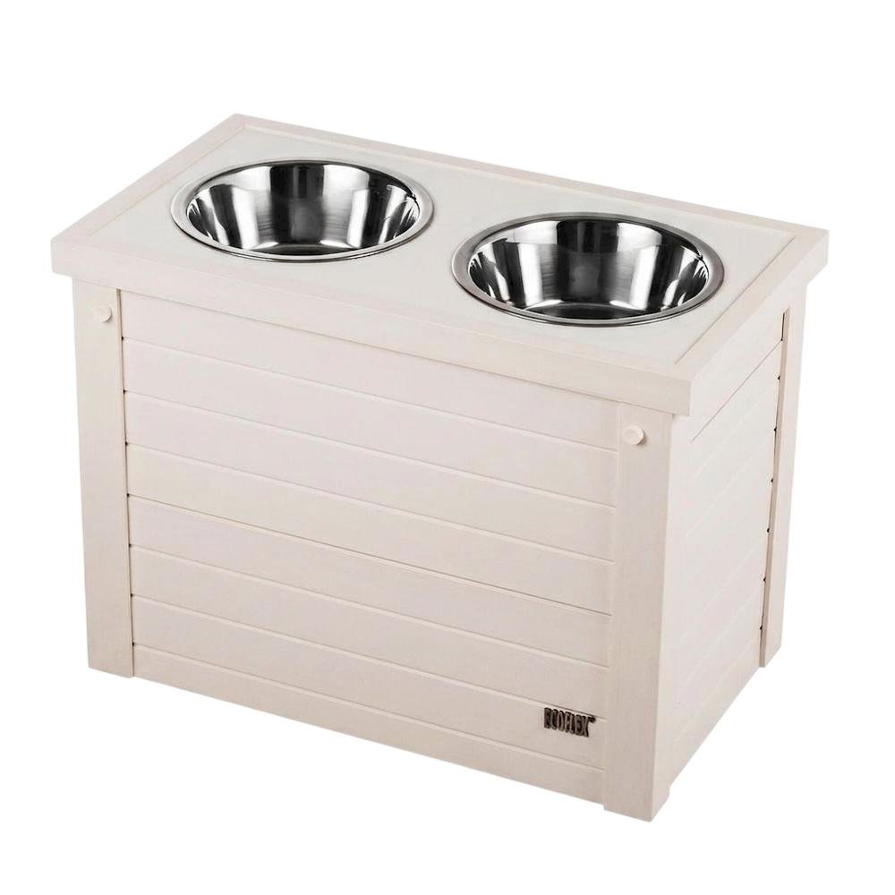 Antique White Dog Feeder with 2 Bowls and Sliding Storage Bin for Large Pets. Picture 1