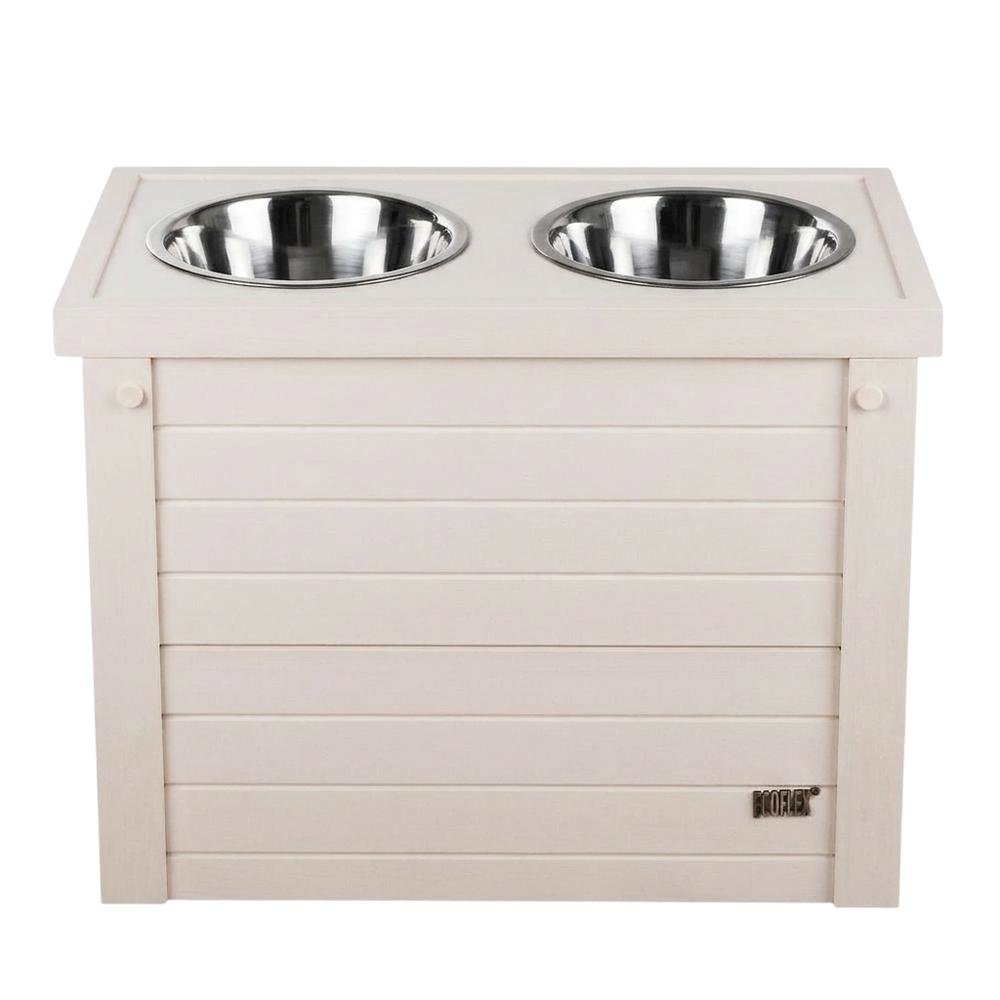 Antique White Dog Feeder with 2 Bowls and Sliding Storage Bin for Large Pets. Picture 6