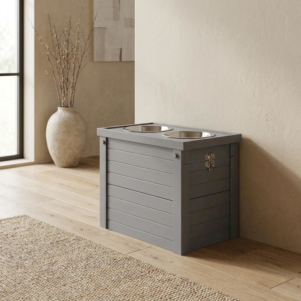 Grey Ecoflex Piedmont 2-Bowl Diner with Sliding Lid Storage Bin for Pets. Picture 2