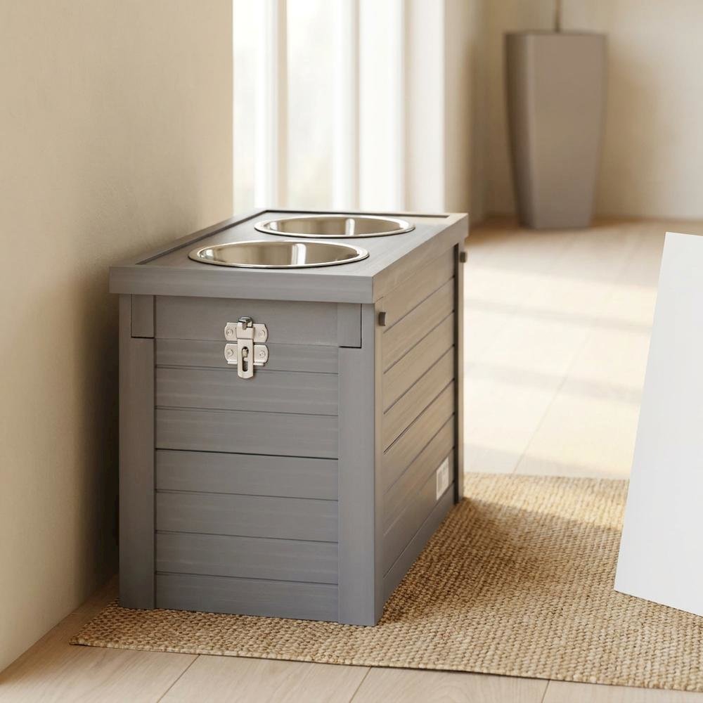 Grey Ecoflex Piedmont 2-Bowl Diner with Sliding Lid Storage Bin for Pets. Picture 3