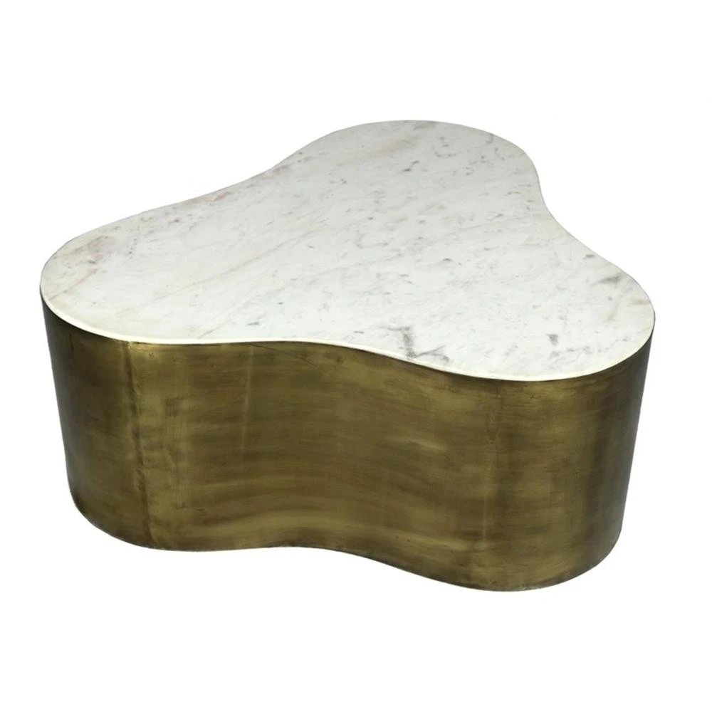 Kendall Cocktail Table With Marble Top on Brass Tone Iron Base. Picture 1