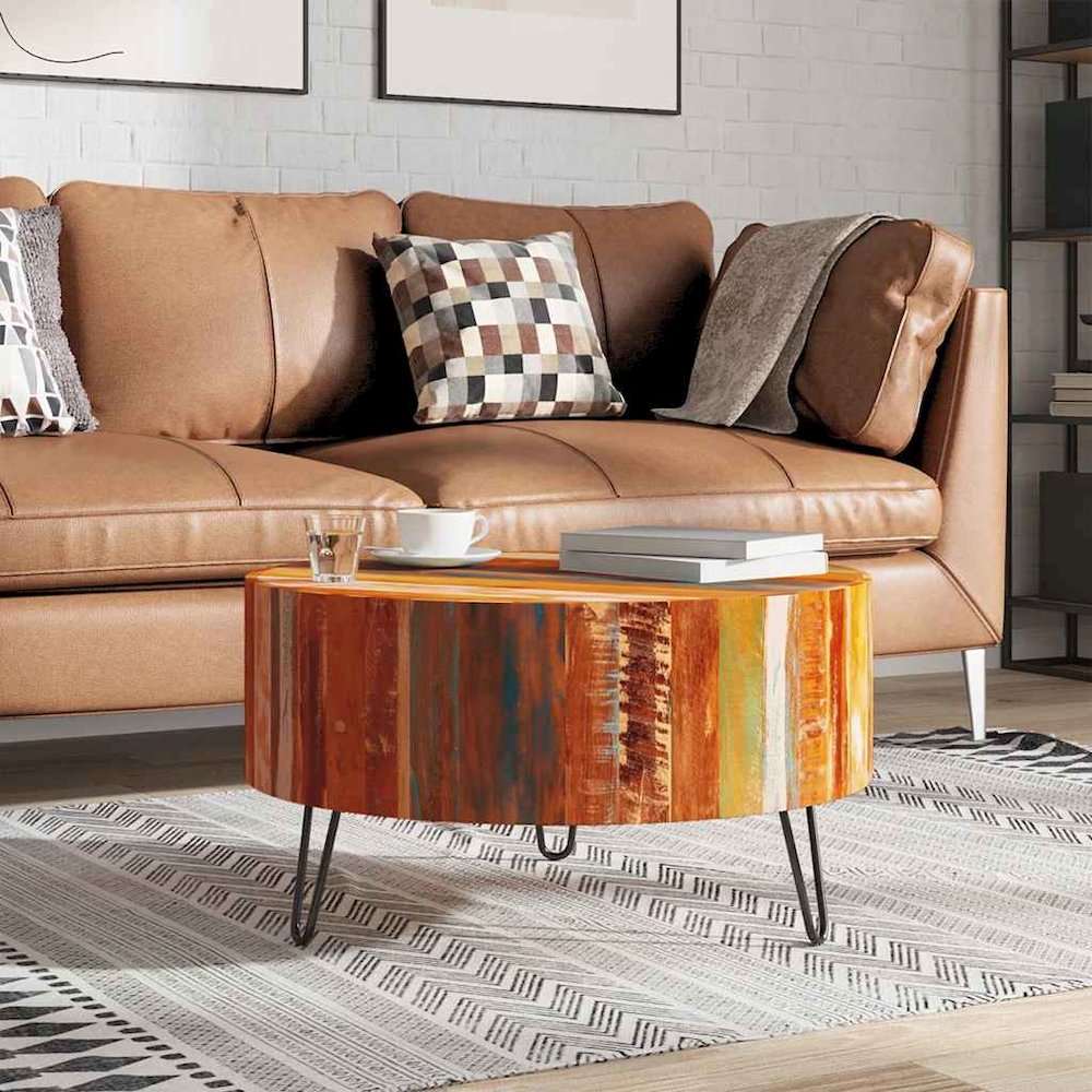 Coffee Table Multicolor Reclaimed solid wood, Iron 27.6 in diameter. Picture 4