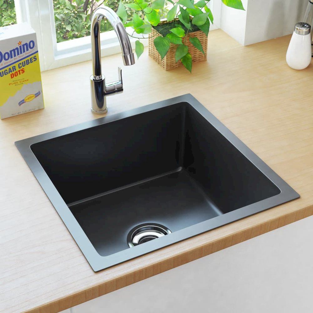 vidaXL Handmade Kitchen Sink with Strainer Black Stainless Steel, 145083. Picture 4