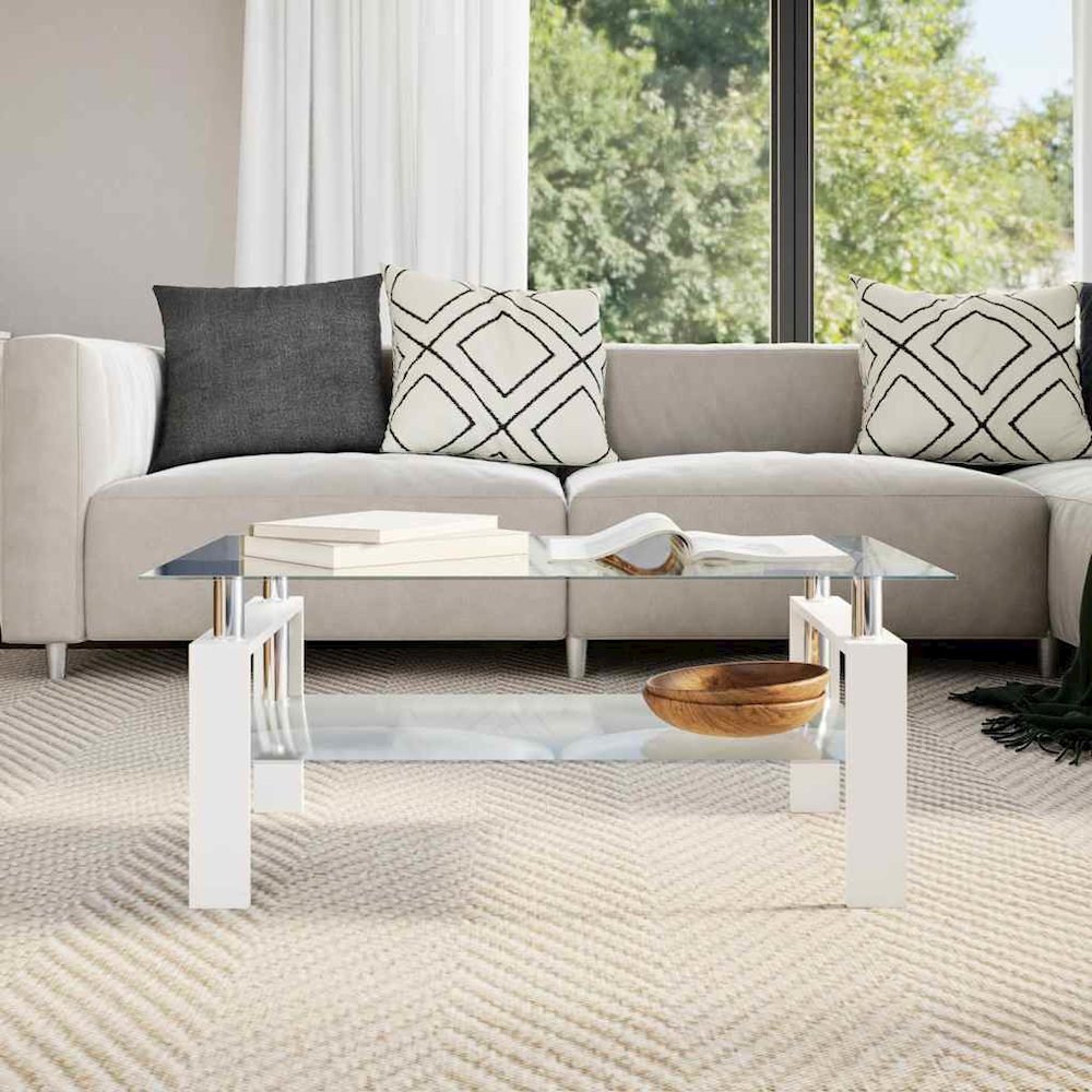 Coffee Table White and Transparent Tempered Glass, Melamine. Picture 4
