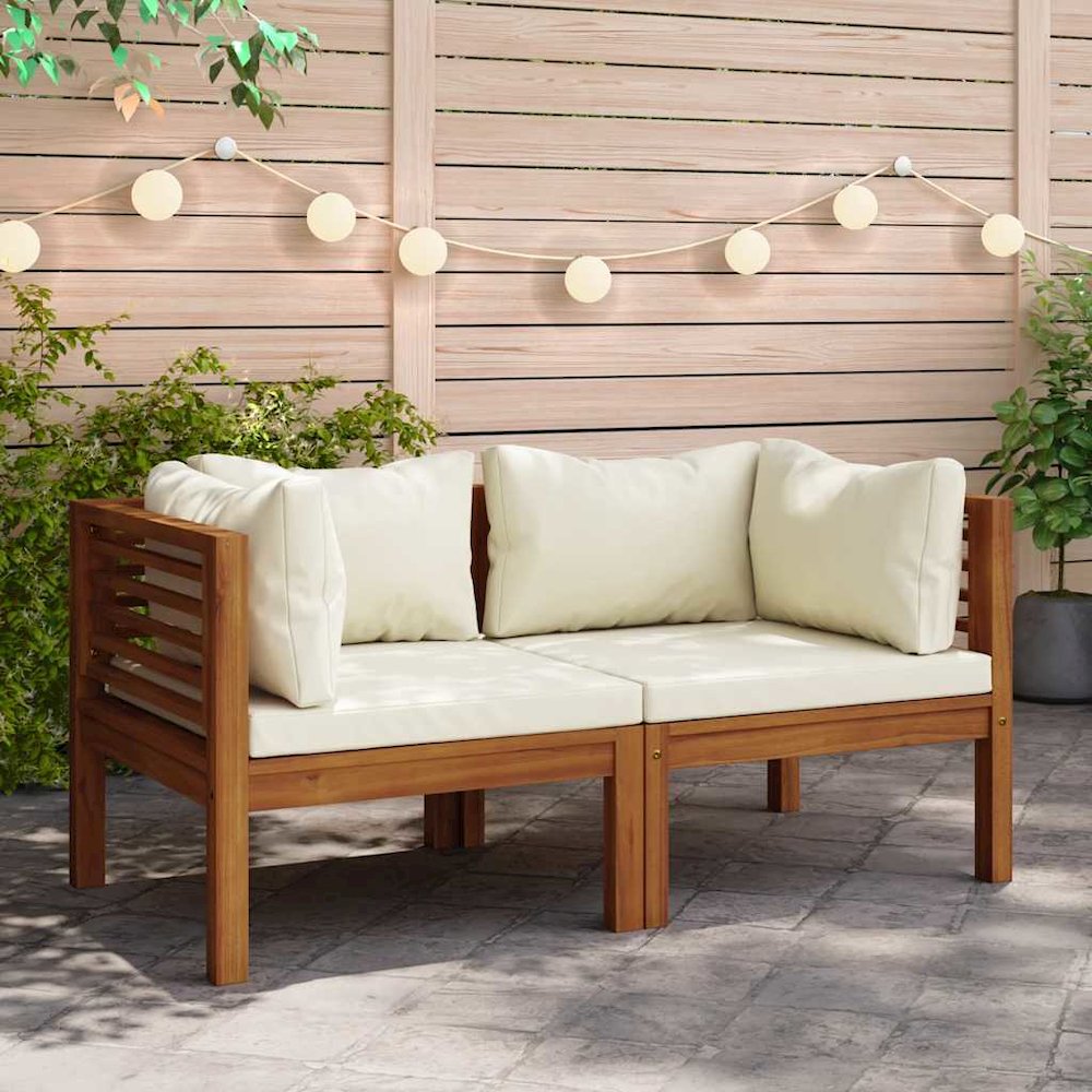 Corner Sofa Cream White Solid Acacia Wood, 100% polyester cushions. Picture 4