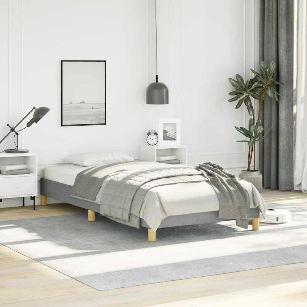 Bed Frame Light Grey Polyester, Plywood, Engineered Wood Twin XL. Picture 4