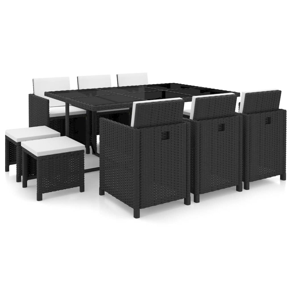 11 Piece Patio Dining Set with Cushions Poly Rattan Black. Picture 1