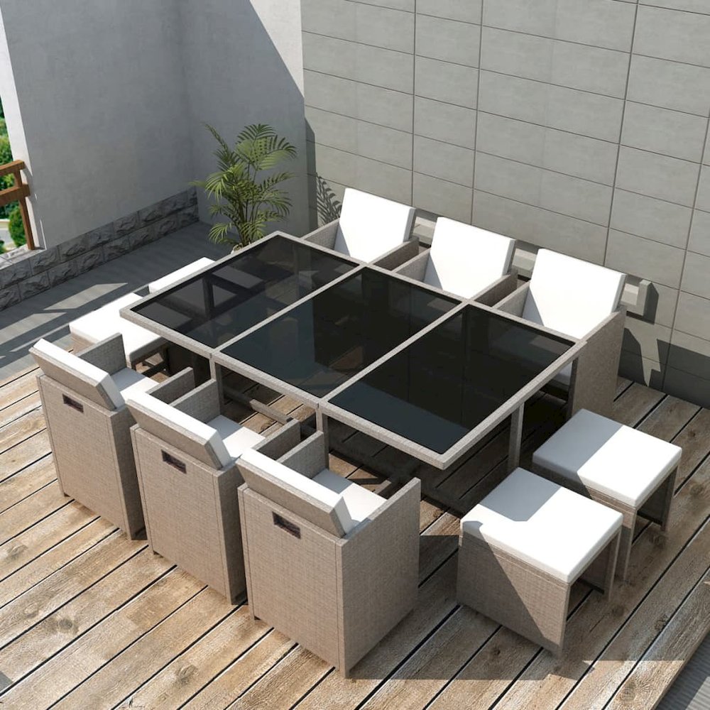 Outdoor Dining Set Grey/Beige Powder-Coated Steel, PE Rattan, Glass. Picture 1