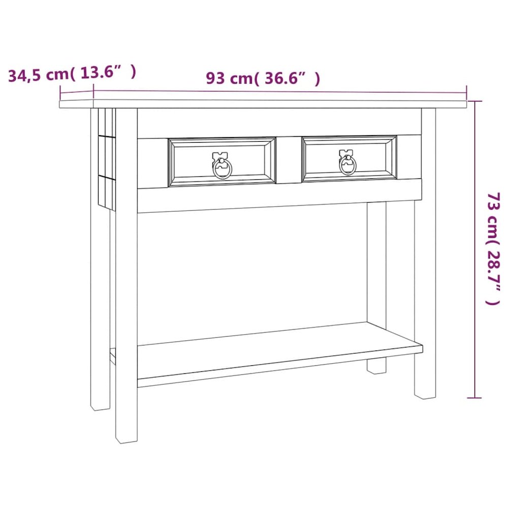 Console Table Brown Solid waxed pinewood 36.6 x 13.6 x 28.7 in. Picture 6