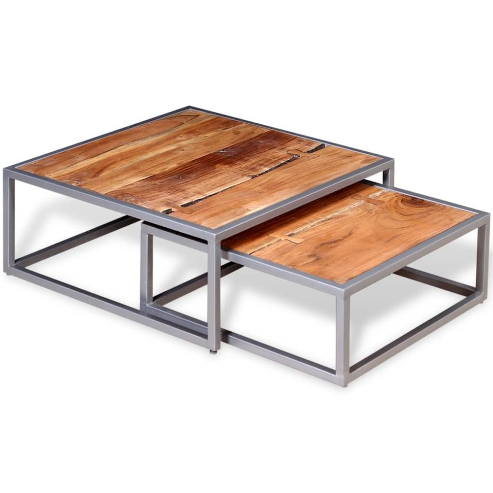 Coffee Table Set of 2 Brown Solid acacia wood, steel Medium. Picture 2